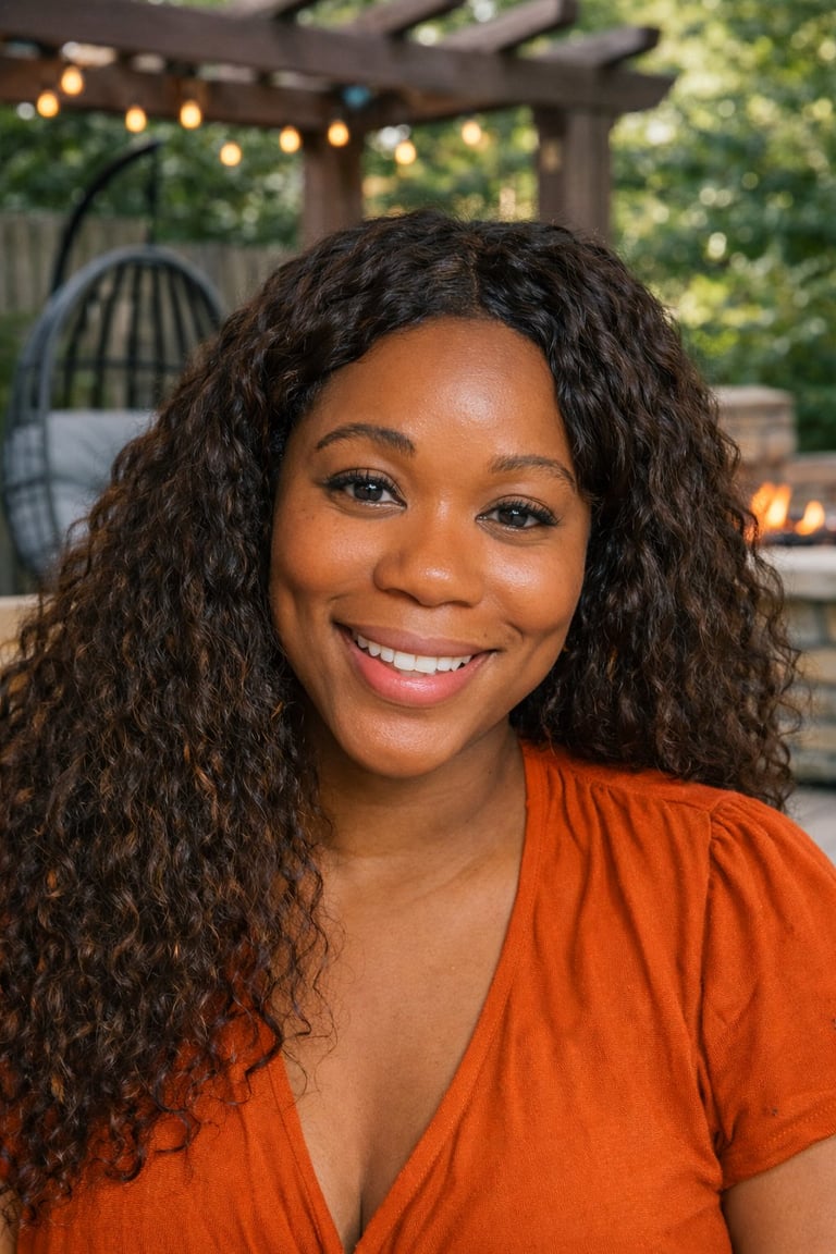 Smiling woman with long curly dark hair wearing an orange top in an outdoor patio setting with hanging lights
